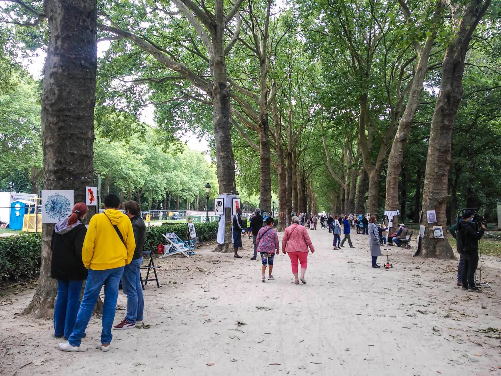 Bomenlaan in Elisabethpark met kunstwerken die aan de takken hangen, bezoekers wandelen eronder.
